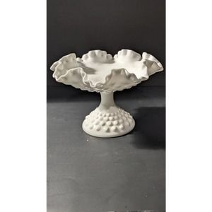 Vintage Fenton Glass Hobnail Milk Glass Ruffled and Crimped Compote.